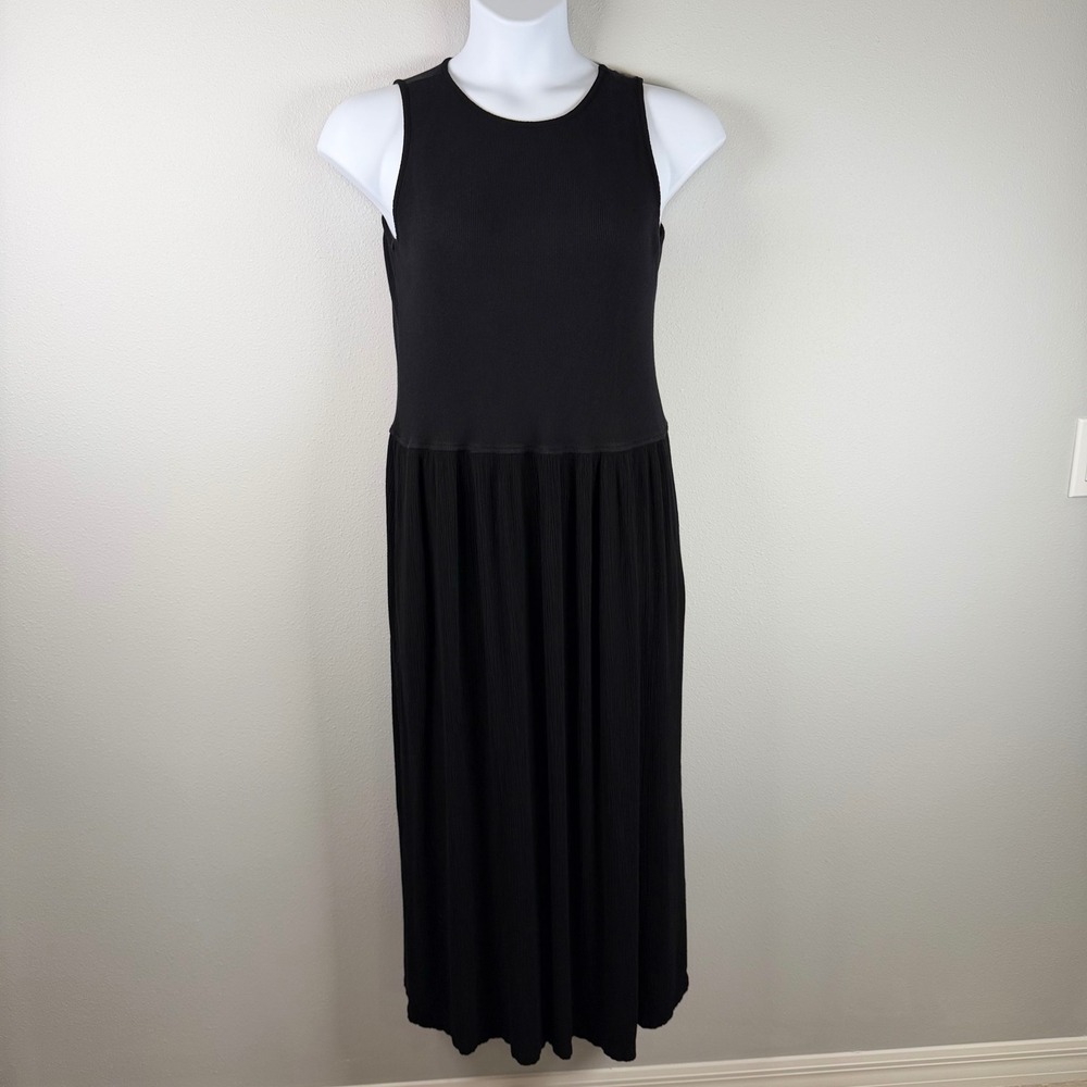 Barbara Lesser Black Sleeveless Midi Dress Large Crinkle Skirt Vtg USA Cotton